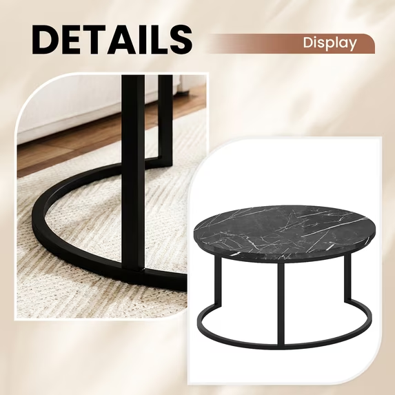 LinkRomat 2-Piece Round Coffee Table Set，Modern Marble & Glass Tops with Metal Legs for Living Room, Bedroom, Balcony (Black)