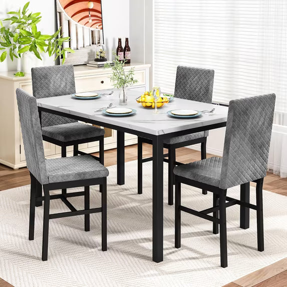 MOOSENG Small Dining Table Set for 4, 5 Pieces Dining Room Sets with Faux Marble Table & Velvet Chairs, Modern Kitchen Table Set with Chair for 4