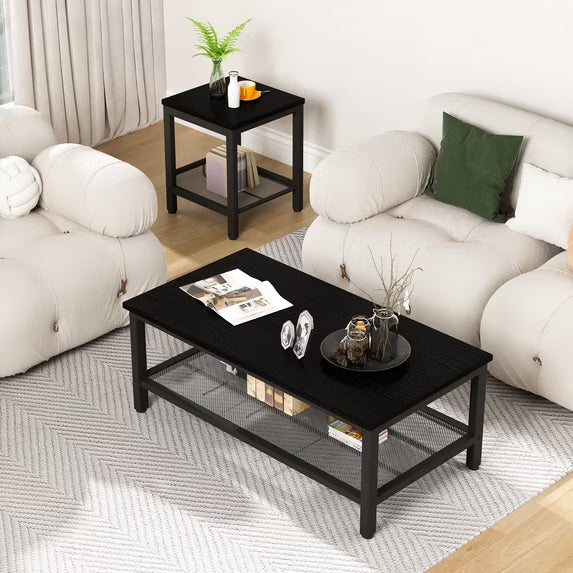 MOOSENG Coffee Table Set of 3, Industrial Vintage Wood Coffee Table with 2 Square End Side Tables, Easy Assembly Living Room Table Set for Offices, Living Rooms and Apartments