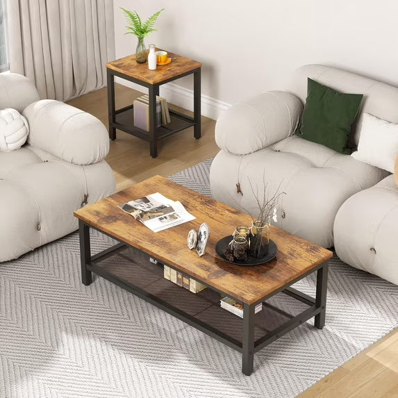 MOOSENG Coffee Table Set of 3, Industrial Vintage Wood Coffee Table with 2 Square End Side Tables, Easy Assembly Living Room Table Set for Offices, Living Rooms and Apartments