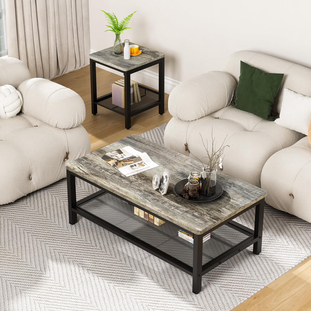 MOOSENG Coffee Table Set of 3, Industrial Vintage Wood Coffee Table with 2 Square End Side Tables, Easy Assembly Living Room Table Set for Offices, Living Rooms and Apartments