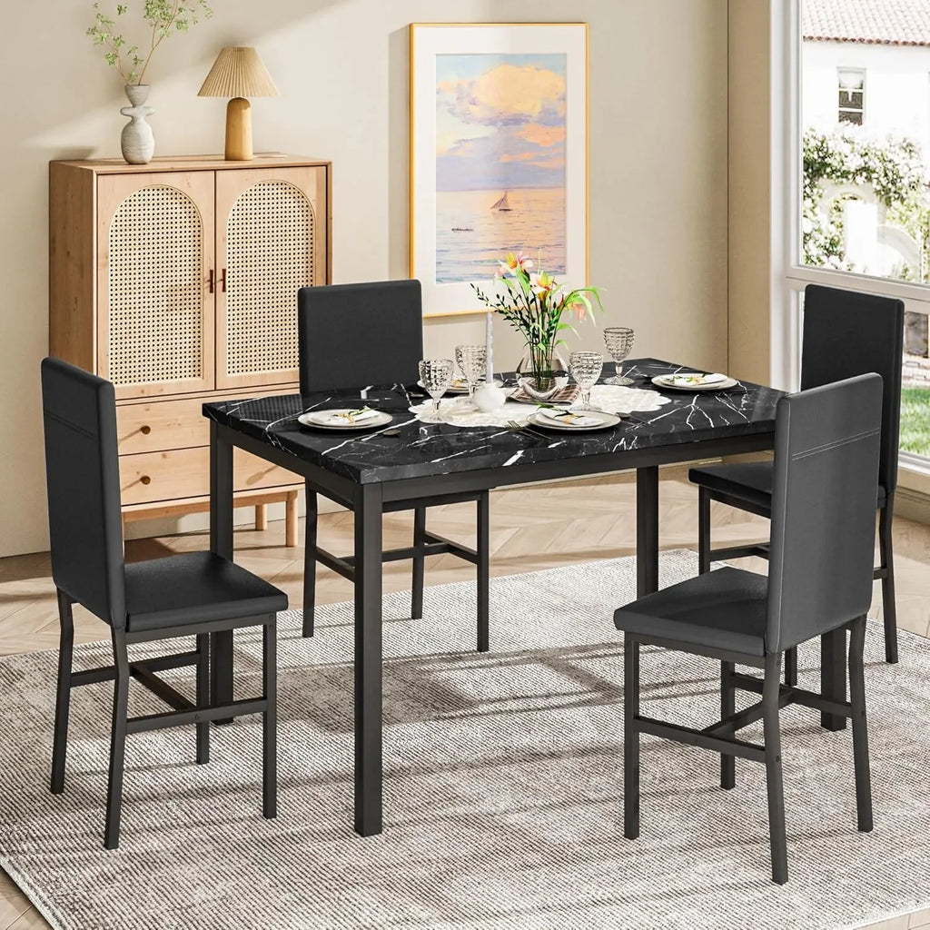 MOOSENG 5 Piece Dining Table Set for 4, Faux Marble Kitchen Table and Chairs for 4, Modern Dining Room Table with 4 Chairs, Dinner Table Set for Small Spaces, Black