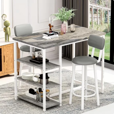 Cvortll Dining Table Set for 2, Marble Counter Height Pub Table with 2 PU Leather Backrest Stools & 3 Storage Shelves, Bar and Chairs Set for Small Space Dining Room, Kitchen, Bar (Grey)