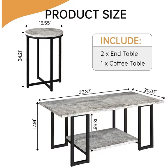 Cvortll 3-Piece Living Room Table Set, Coffee Table with 2 Round End Tables, Faux Marble Top & Metal Frame, for Apartment & Home, Gray