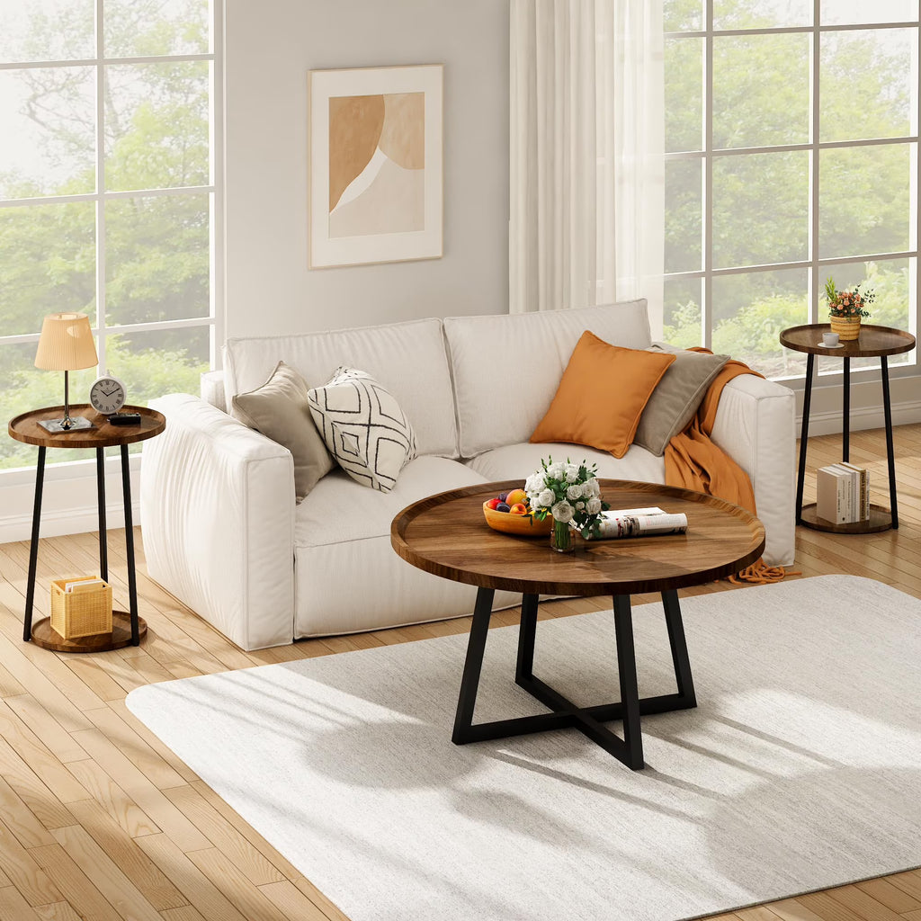 MOOSENG Coffee Table Set of 3, Industrial Vintage Wood Coffee Table with 2 Square End Side Tables, Easy Assembly Living Room Table Set for Offices, Living Rooms and Apartments