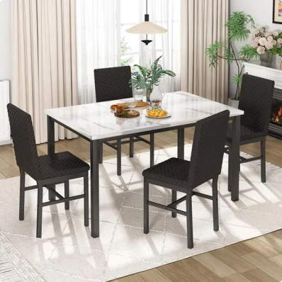 LinkRomat 5 Pieces Dining Table Set for 4, Small Dining Room Sets with Faux Marble & Velvet Chairs, White Kitchen Table Sets with Chairs for 4