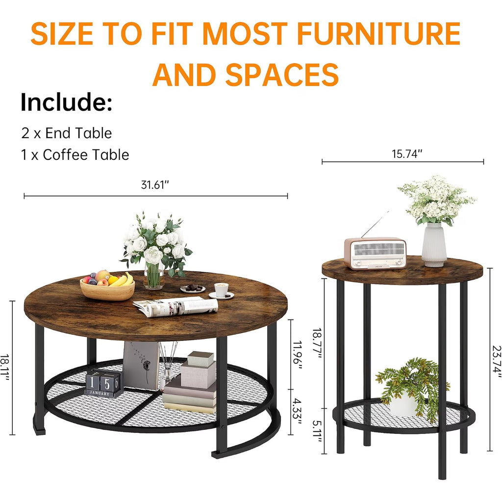 MOOSENG Coffee Table Set of 3, Industrial Vintage Wood Coffee Table with 2 Square End Side Tables, Easy Assembly Living Room Table Set for Offices, Living Rooms and Apartments