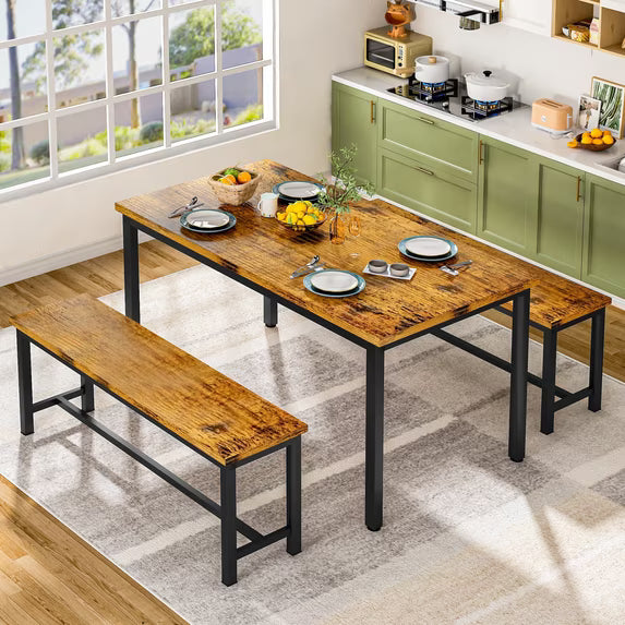 Cvortll Farmhouse Dining Table Set for 4, Small Kitchen Table Set with 2 Benches for Apartment Dining Room, Brown