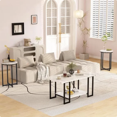 LinkRomat 3-Pieces Living Room Table Sets, Modern Faux Marble Coffee Table with 2 Round End Side Tables, Compact Space Coffee Table Sets for Apartment Home Office