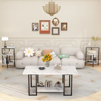 LinkRomat Coffee Table Set of 3, Faux Marble Top with Metal Frame, Includes Coffee Table & 2 Side Tables for Living Room（White & Black）