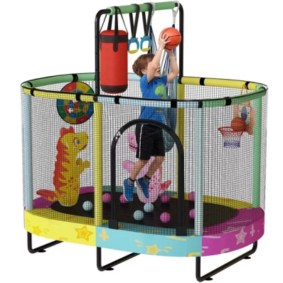 LinkRomat 7-in-1 60" Elliptic Trampoline for Kids, 500lbs Capacity Toddler Trampoline with Enclosure, Adjustable Height Handrail & Durable Designs for Boys & Girls, Indoor & Outdoor