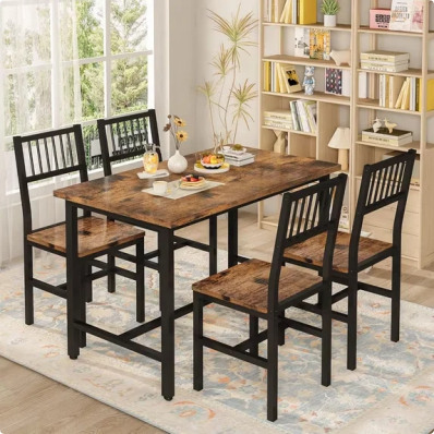 LinkRomat Industrial Dining Table Set for 4,Rectangular Kitchen Table with 4 Curved Chairs,Compact Table Set for Dining Room,Breakfast Nook & Small Space