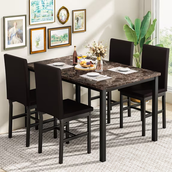 Cvortll Dining Table Set for 4, Modern Faux Marble Kitchen Table Set with 4 Leather Upholstered Chairs, 5-Piece Dinette for Dining Room, Nooks