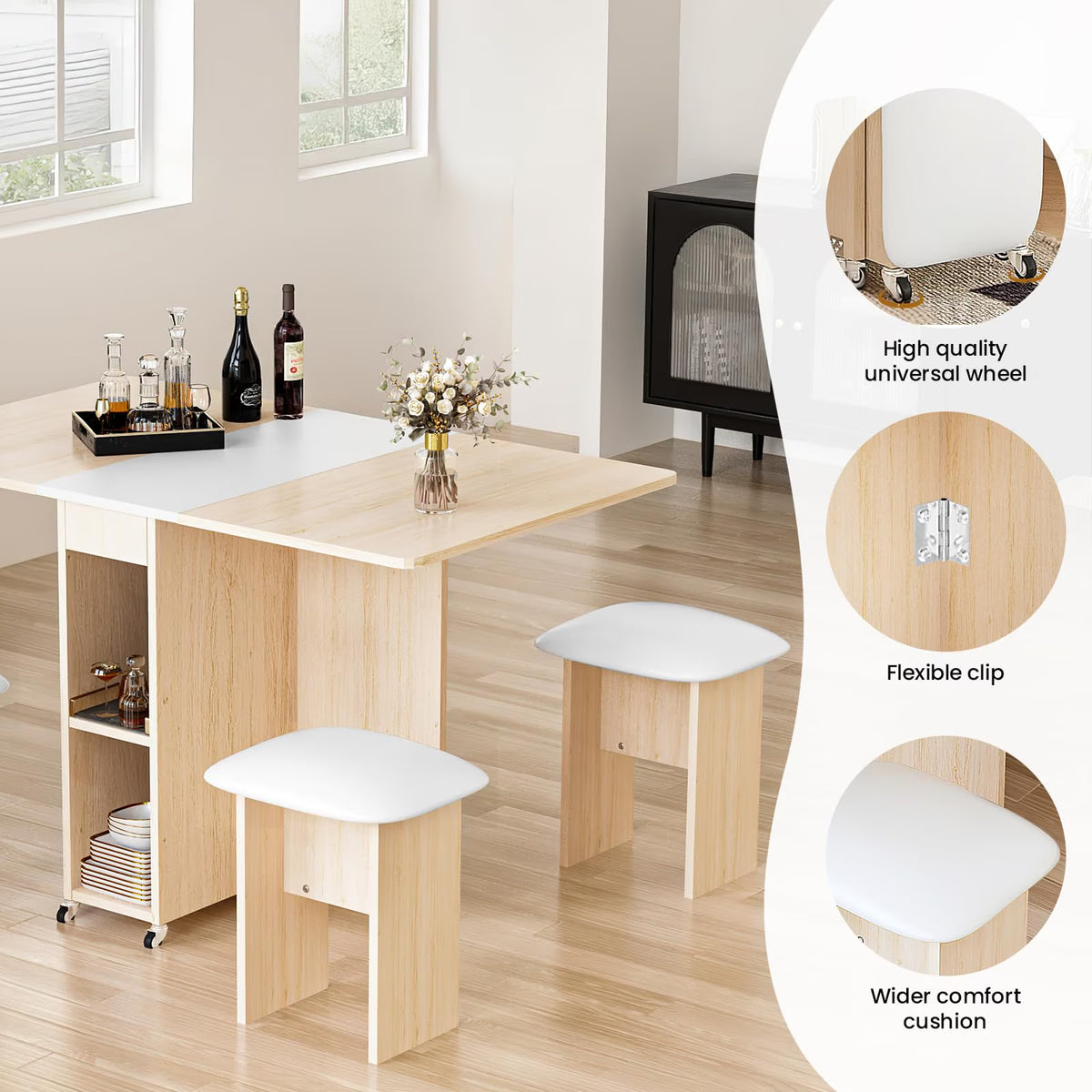 MOOSENG Folding Dining Table Set for 4, Dinner Table with 4 Leather Chairs and Shelves, Space Saving Foldable Dining Table with 6 Wheels, Kitchen Table Set for Small Spaces