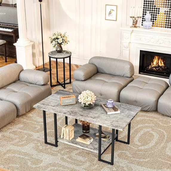 Cvortll 3-Piece Living Room Table Set, Coffee Table with 2 Round End Tables, Faux Marble Top & Metal Frame, for Apartment & Home, Gray