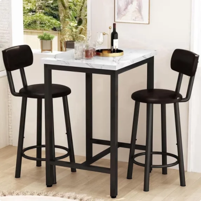 Cvortll 3 Piece Pub Table Sets, 23.6” Square Faux Marble Bar Tables with 2 Barstool, Wood Pub Bar Table Set for Small Spaces, Kitchen, Breakfast