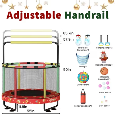LinkRomat Round Trampoline for Kids, Indoor & Outdoor Toddler Trampoline with Enclosure, Adjustable Height Handrail & Durable Designs for Boys & Girls, 450lbs Capacity, 7-in-1, 55"