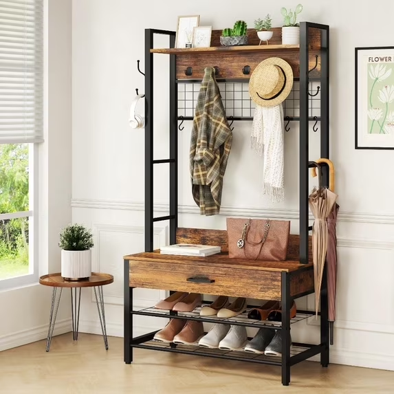 Cvortll Coat Rack, Industrial Entryway Hall Tree with Drawer, 5 in 1 Entryway Bench with Storage Shoe Rack and 12 Hooks, Freestanding Home Organizer with Shelf & Grid Panel, Anti-Dumping