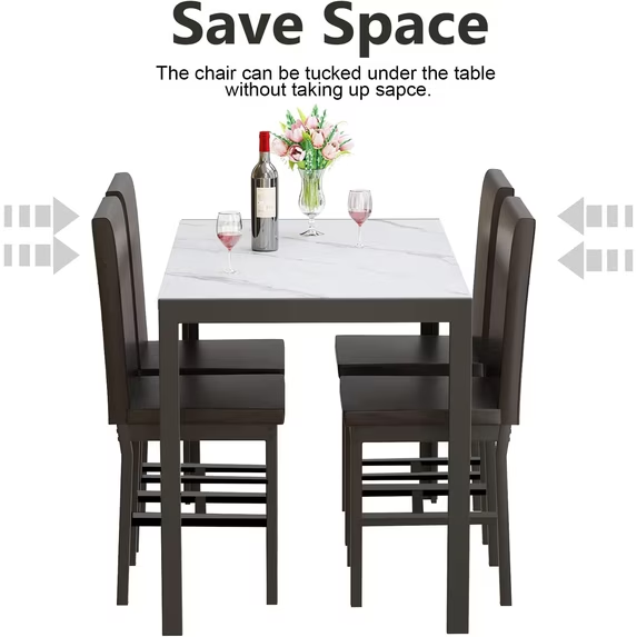 Cvortll 5‑Piece Dining Table Set, Seats 4, Faux Marble Tabletop with Faux Leather Metal Frame Chairs for Dining Room, Kitchen, Breakfast Nook