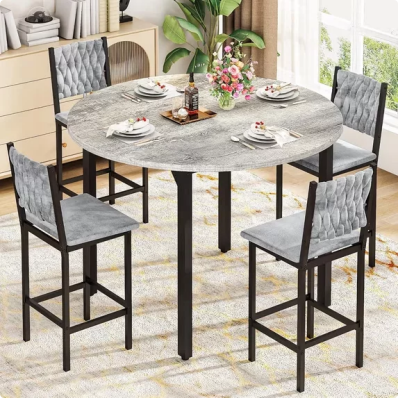 LinkRomat Dining Table Set for 4,Round Kitchen Table Set with 4 Gray hand-woven velvet chairs for Kitchen Breakfast Nook Dining