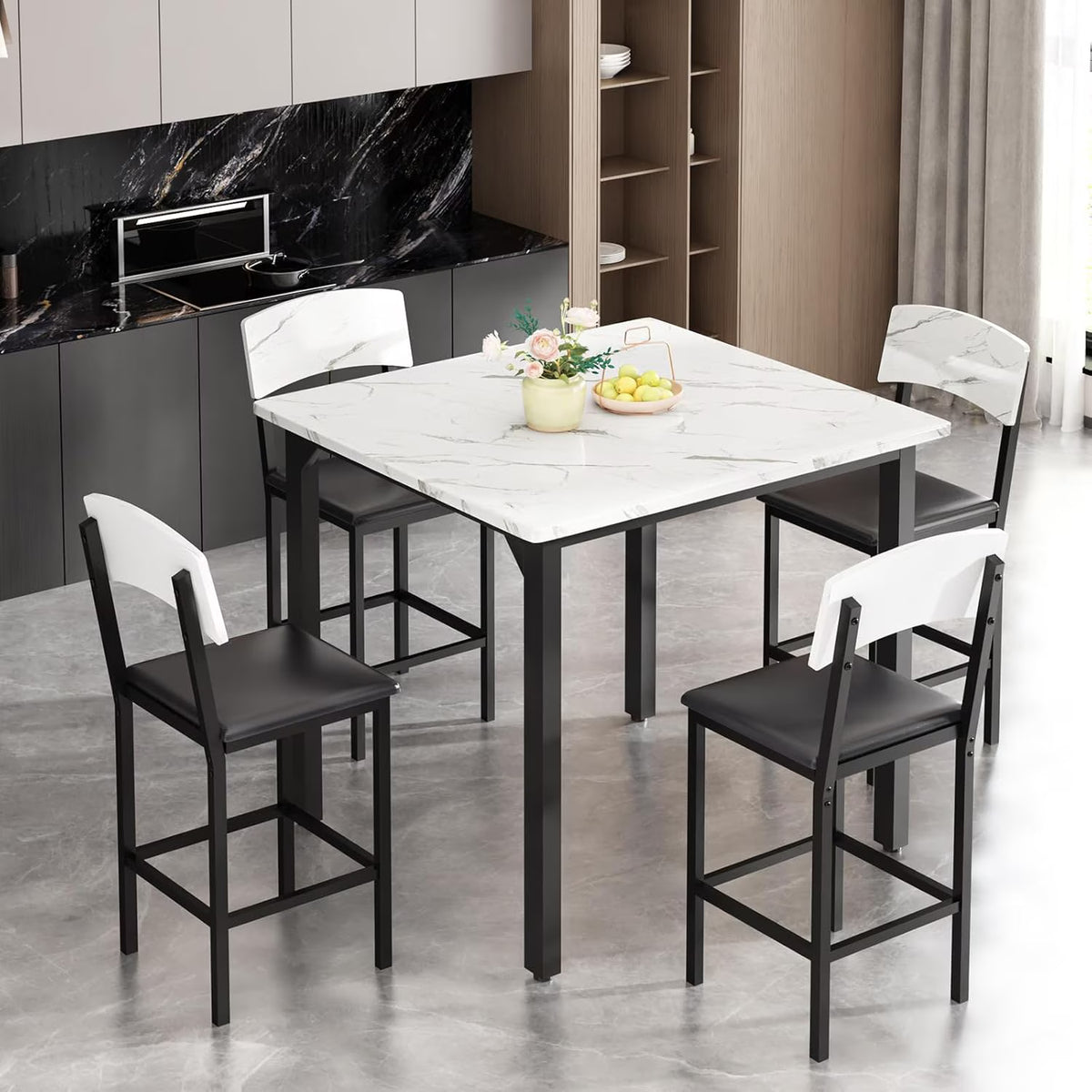 MOOSENG 5-Piece Counter Height Dining Table Set, Square Kitchen Table Set for 4 & 4 Velvet Bar Stools, Modern High Top Compact Dining Set Table for Small Spaces