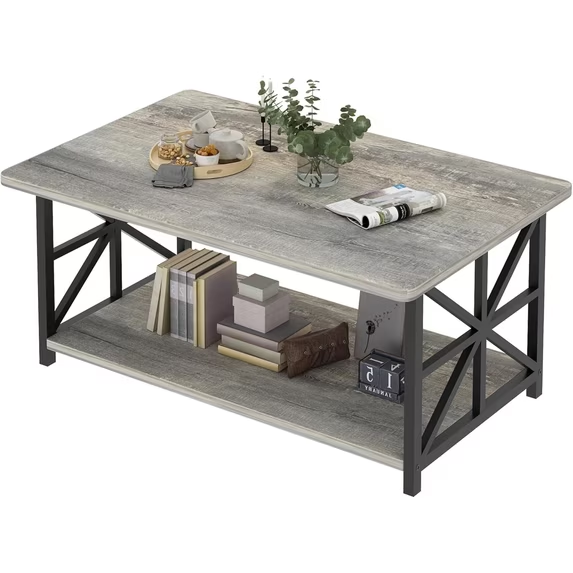Cvortll Coffee Table Round Corners, 2 Tier Living Room Table with Storage Shelf, Rectangular Tabletop Center Desk for Small Spaces, Grey