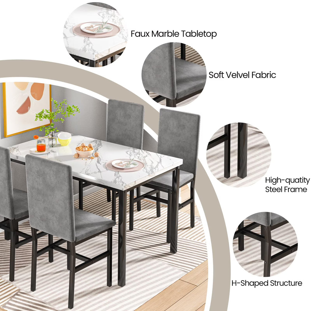MOOSENG Small Dining Table Set for 4, 5 Pieces Dining Room Sets with Faux Marble Table & Velvet Chairs, Modern Kitchen Table Set with Chair for 4