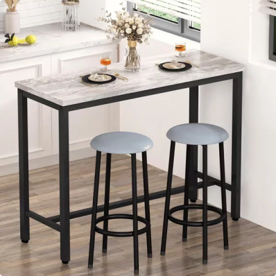 LinkRomat 47.2" Bar Table Set for 2,Faux Marble Pub Height Table with 2 Upholstered Stools,Compact Dining Table Set for Living Room,Kitchen,Bar,White & Brown