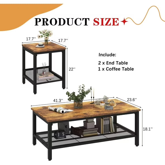 MOOSENG Coffee Table Set of 3, Industrial Vintage Wood Coffee Table with 2 Square End Side Tables, Easy Assembly Living Room Table Set for Offices, Living Rooms and Apartments