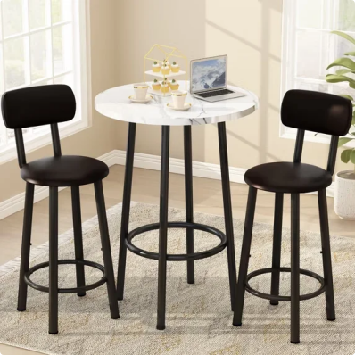 Cvortll 3 Piece Pub Table Sets, 23.6" Round Faux Marble Bar Tables with 2 Barstool, Wood Pub Bar Table Set for Small Spaces, Kitchen, Breakfast