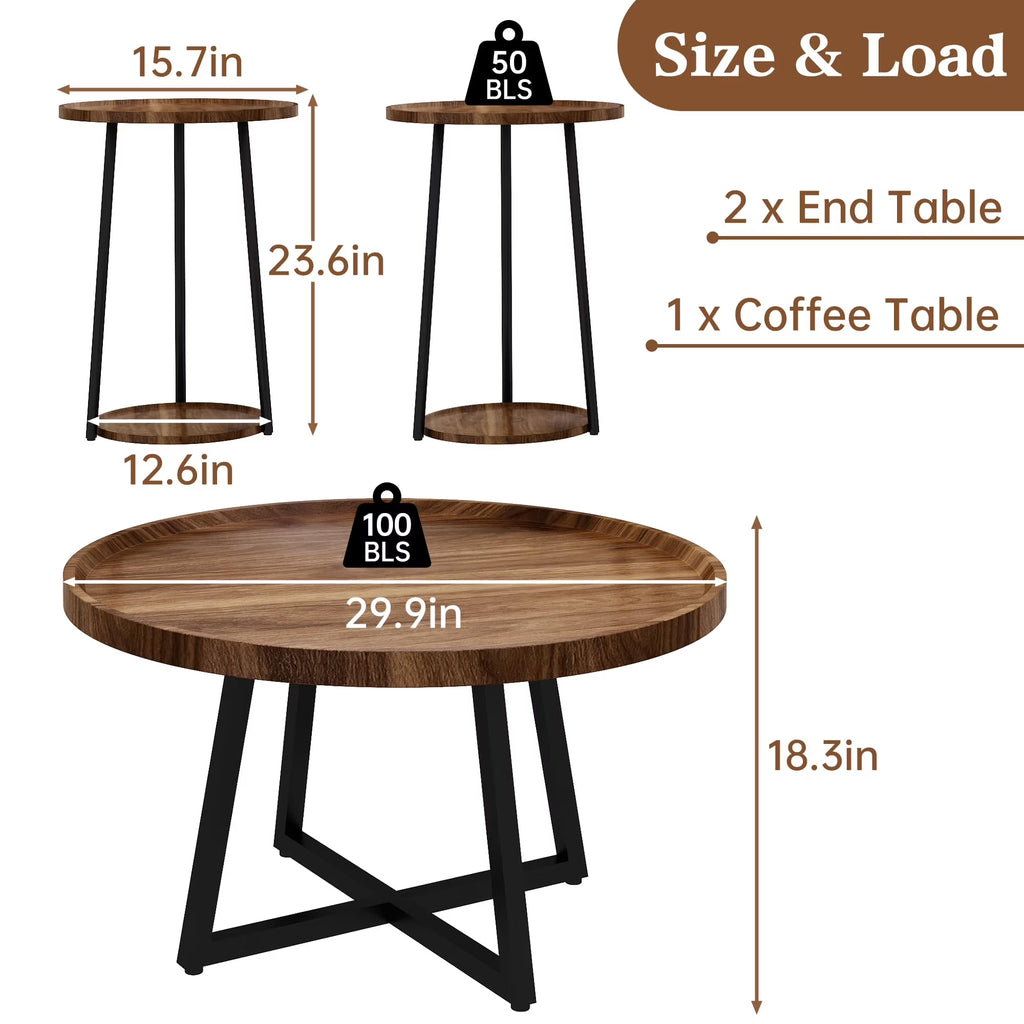 MOOSENG Coffee Table Set of 3, Industrial Vintage Wood Coffee Table with 2 Square End Side Tables, Easy Assembly Living Room Table Set for Offices, Living Rooms and Apartments