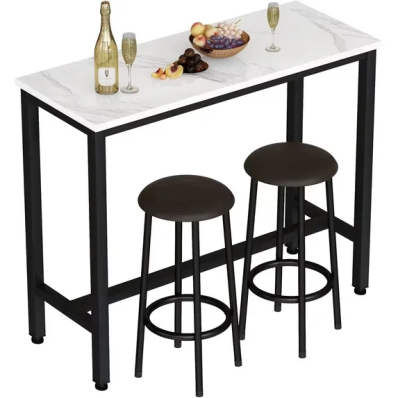 LinkRomat 47.2" Bar Table Set for 2,Faux Marble Pub Height Table with 2 Upholstered Stools,Compact Dining Table Set for Living Room,Kitchen,Bar,White & Brown