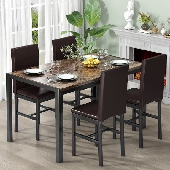 Cvortll Dining Table Set for 4, Modern Faux Marble Kitchen Table Set with 4 Leather Upholstered Chairs, 5-Piece Dinette for Dining Room, Nooks