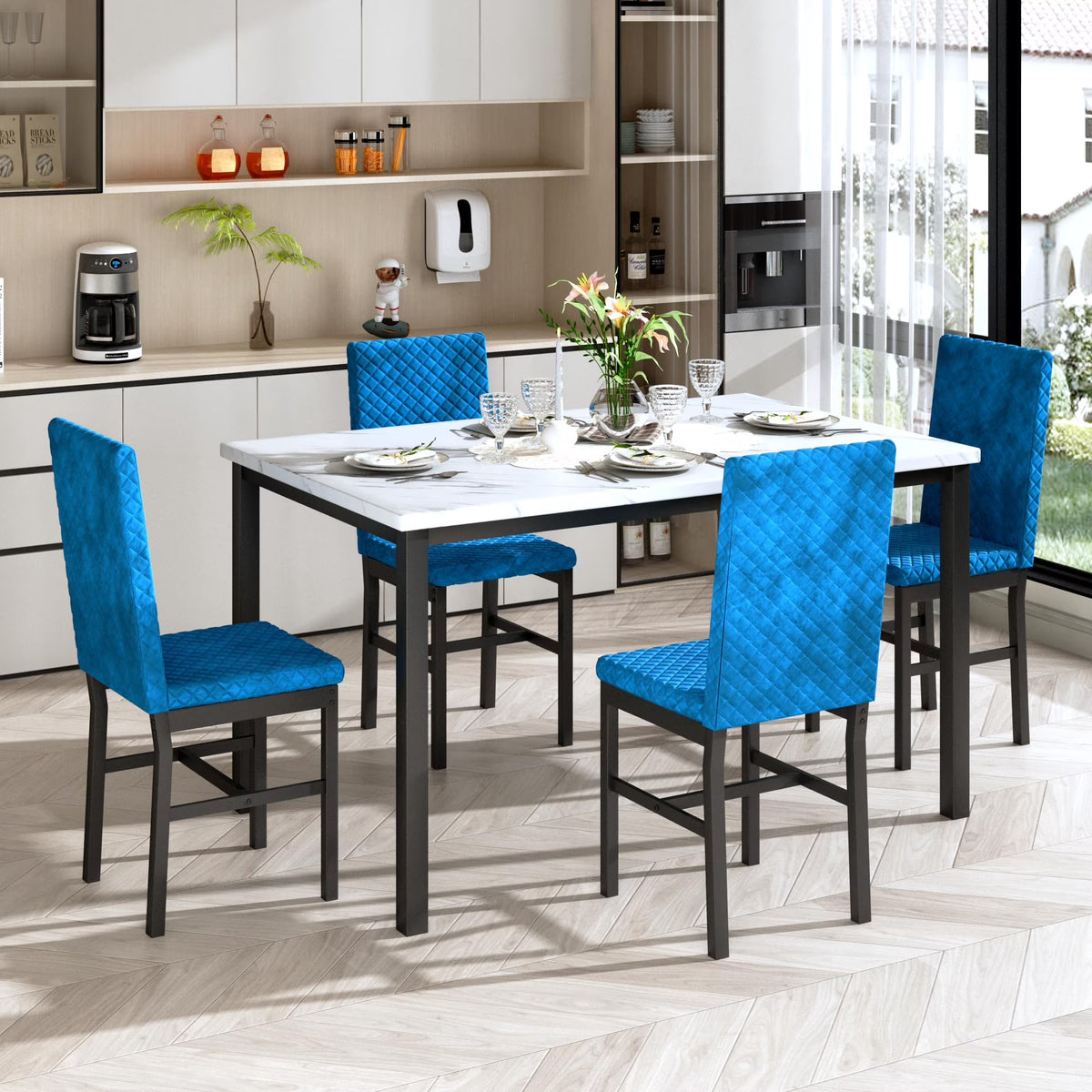 MOOSENG Small Dining Table Set for 4, 5 Pieces Dining Room Sets with Faux Marble Table & Velvet Chairs, Modern Kitchen Table Set with Chair for 4