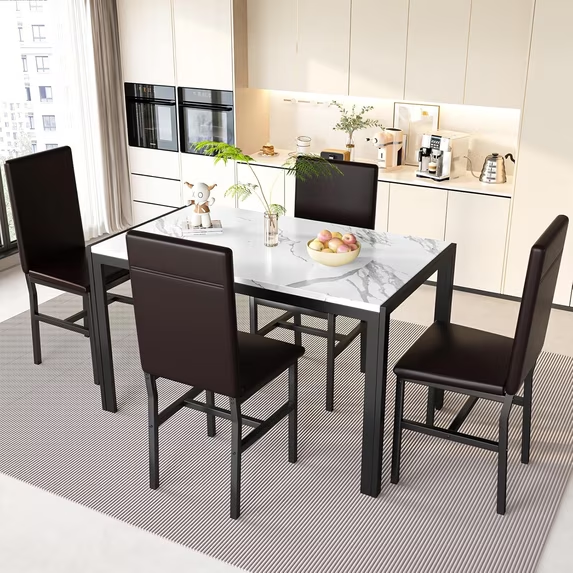 Cvortll Dining Table Set for 4, Modern Faux Marble Kitchen Table Set with 4 Leather Upholstered Chairs, 5-Piece Dinette for Dining Room, Nooks