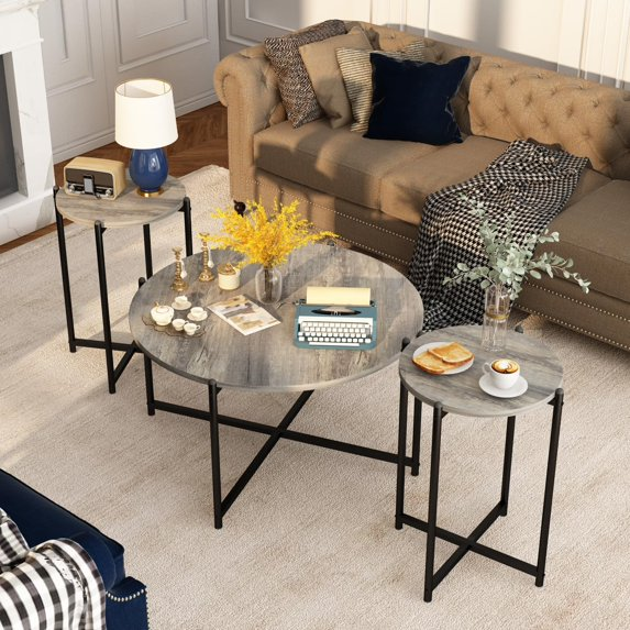 Cvortll Coffee Table Set of 3, Round Faux Marble Top with Cross Metal Frame, Modern Living Room Table for Apartment （Gray & Black）
