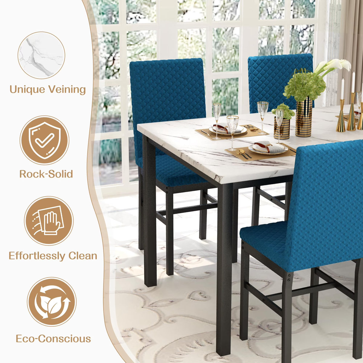 MOOSENG Small Dining Table Set for 4, 5 Pieces Dining Room Sets with Faux Marble Table & Velvet Chairs, Modern Kitchen Table Set with Chair for 4