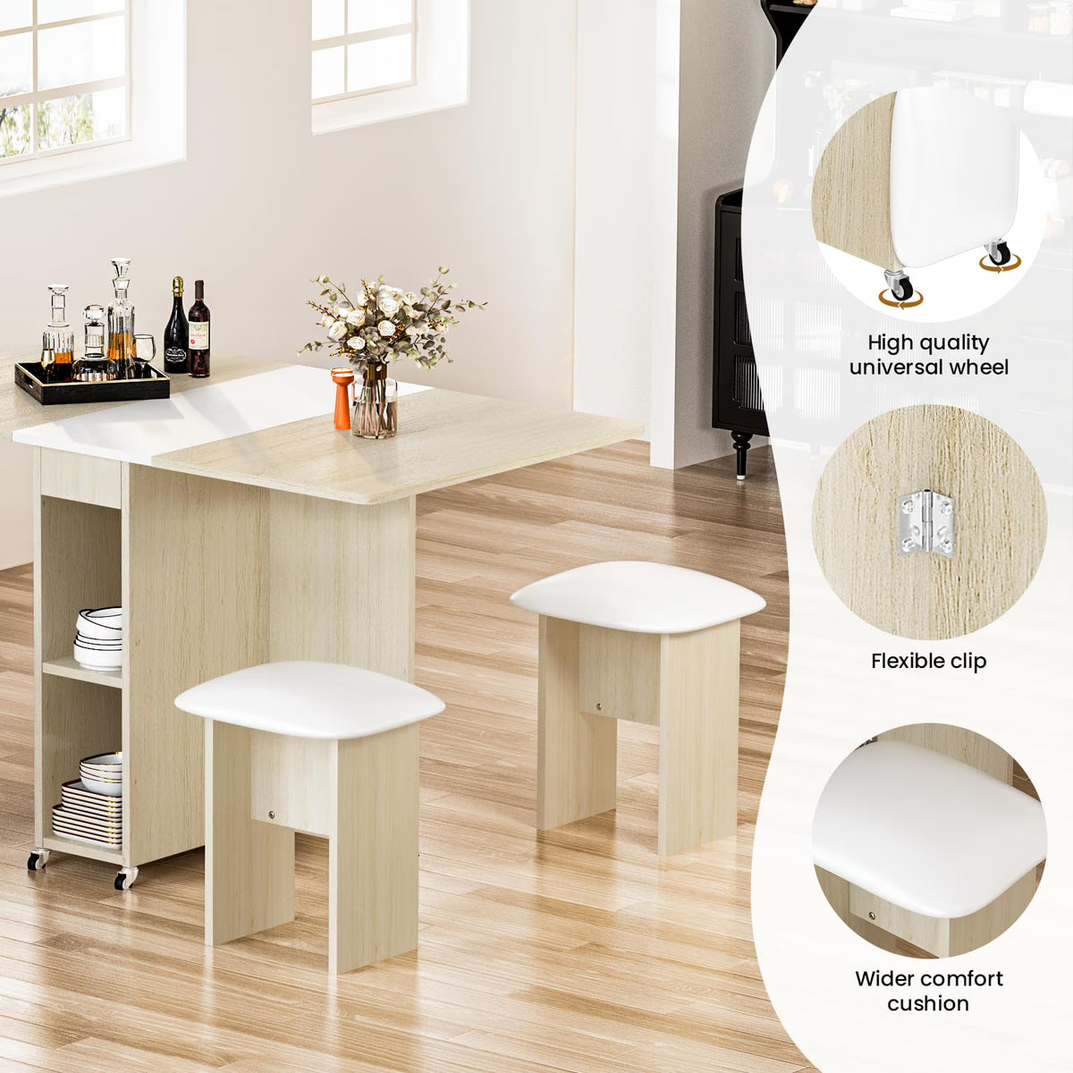 MOOSENG Folding Dining Table Set for 4, Dinner Table with 4 Leather Chairs and Shelves, Space Saving Foldable Dining Table with 6 Wheels, Kitchen Table Set for Small Spaces