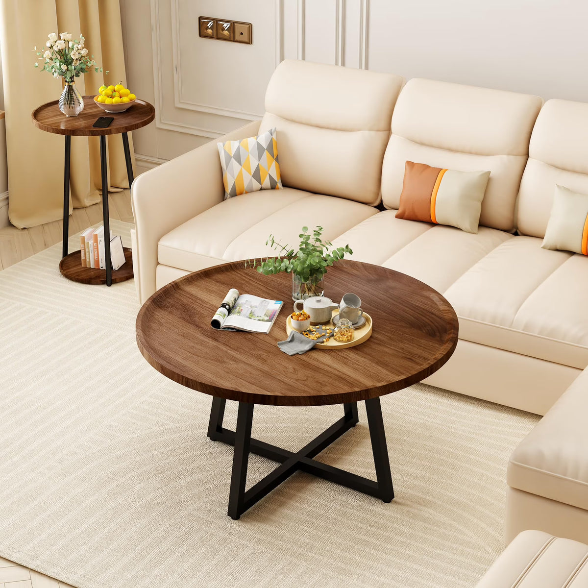 MOOSENG Coffee Table Set of 3, Industrial Vintage Wood Coffee Table with 2 Square End Side Tables, Easy Assembly Living Room Table Set for Offices, Living Rooms and Apartments