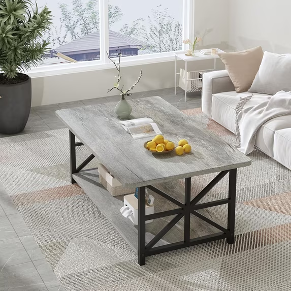 Cvortll Coffee Table with Storage, 2-Tier Modern Center Table for Living Room, [Faux Marble / Grey Wood] Rectangular Tea Table with Safety Rounded Corners, 39" Grey