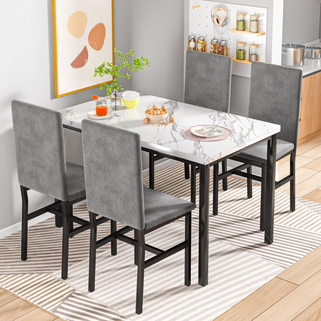 MOOSENG Small Dining Table Set for 4, 5 Pieces Dining Room Sets with Faux Marble Table & Velvet Chairs, Modern Kitchen Table Set with Chair for 4