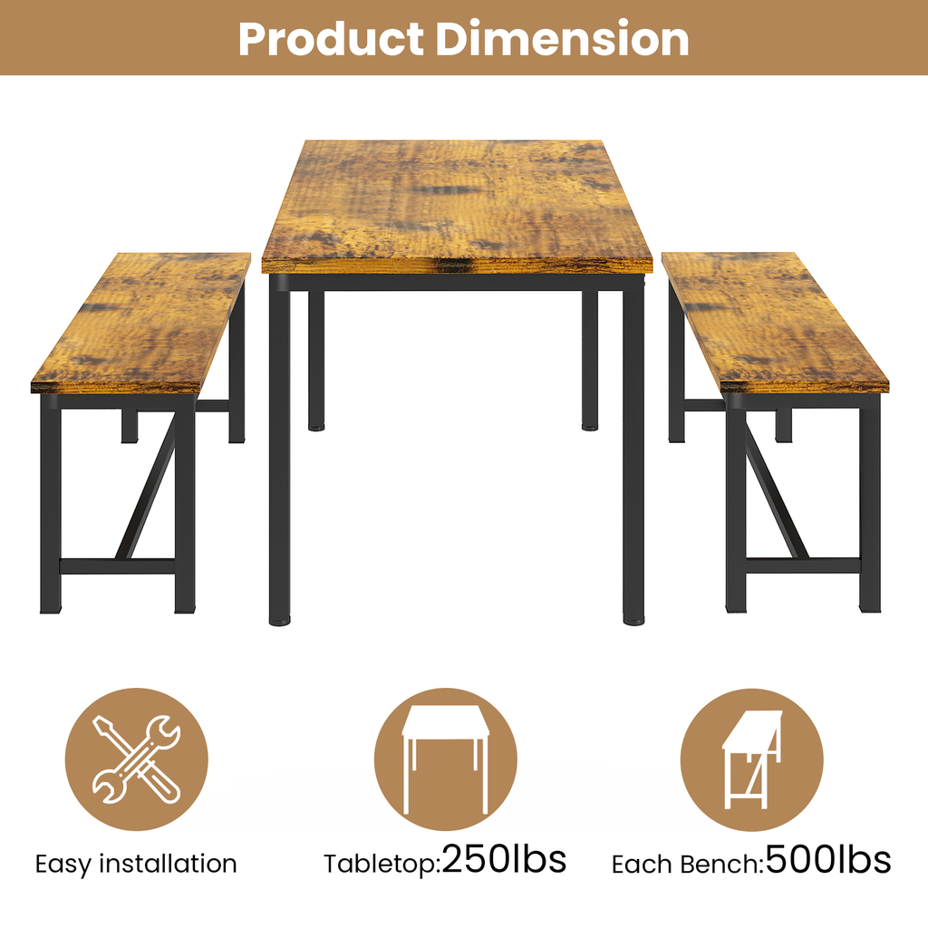Cvortll Farmhouse Dining Table Set for 4, Small Kitchen Table Set with 2 Benches for Apartment Dining Room, Brown