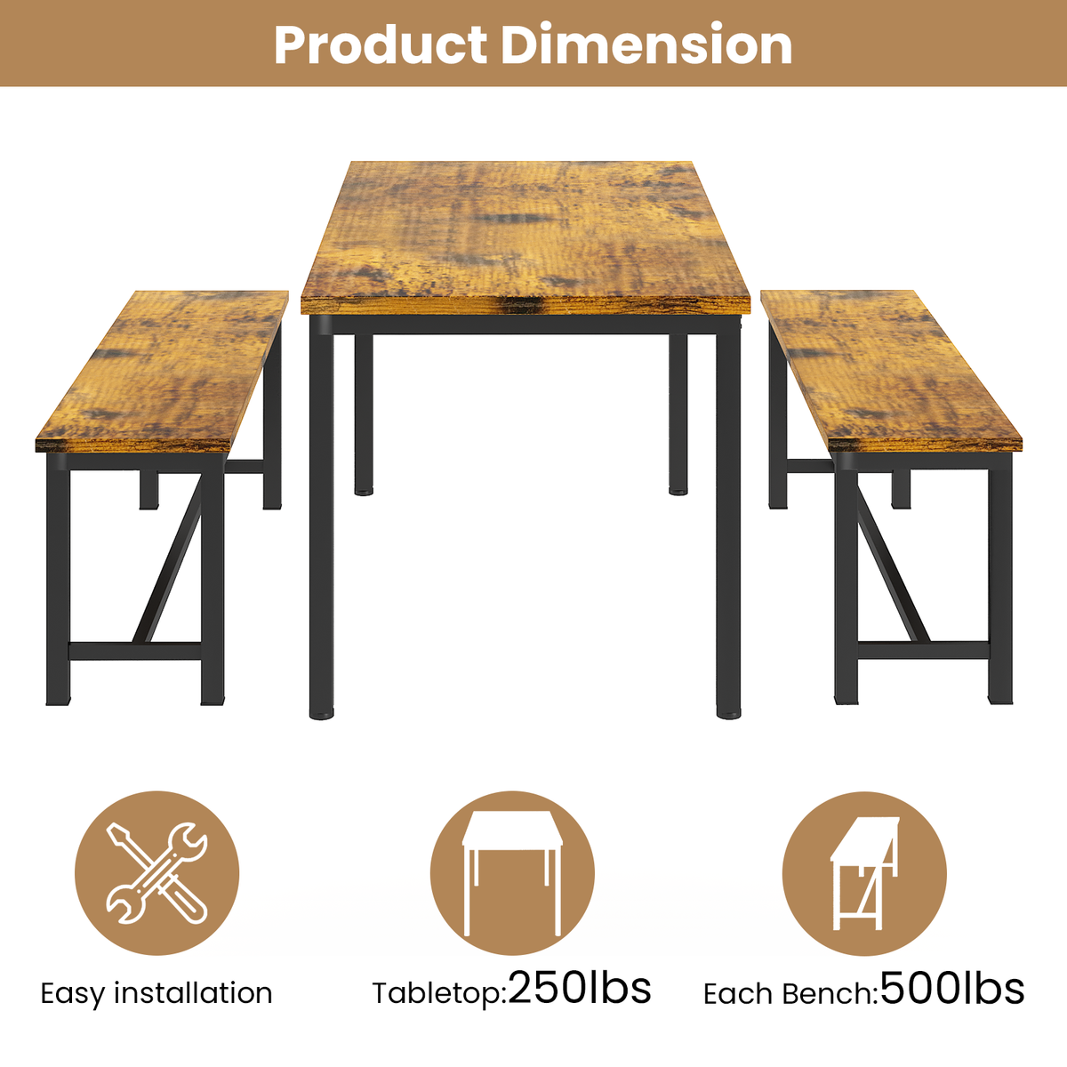 Cvortll Farmhouse Dining Table Set for 4, Small Kitchen Table Set with 2 Benches for Apartment Dining Room, Brown