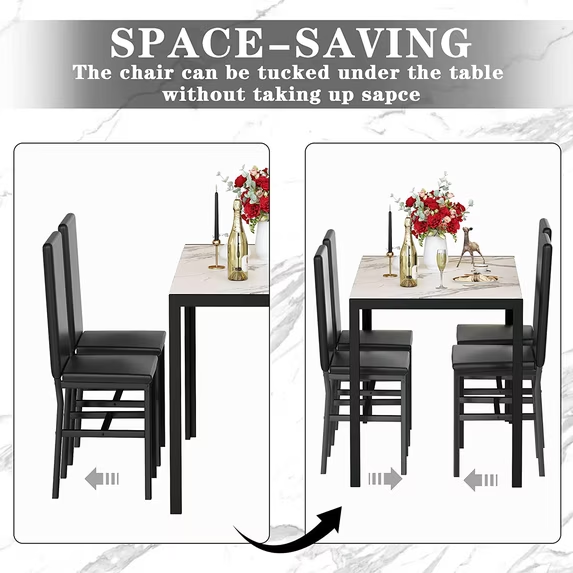 Cvortll 5 Piece Dining Room Furniture Table Set，30.1” H Faux Marble Tabletop and 4 PU Leather Chairs