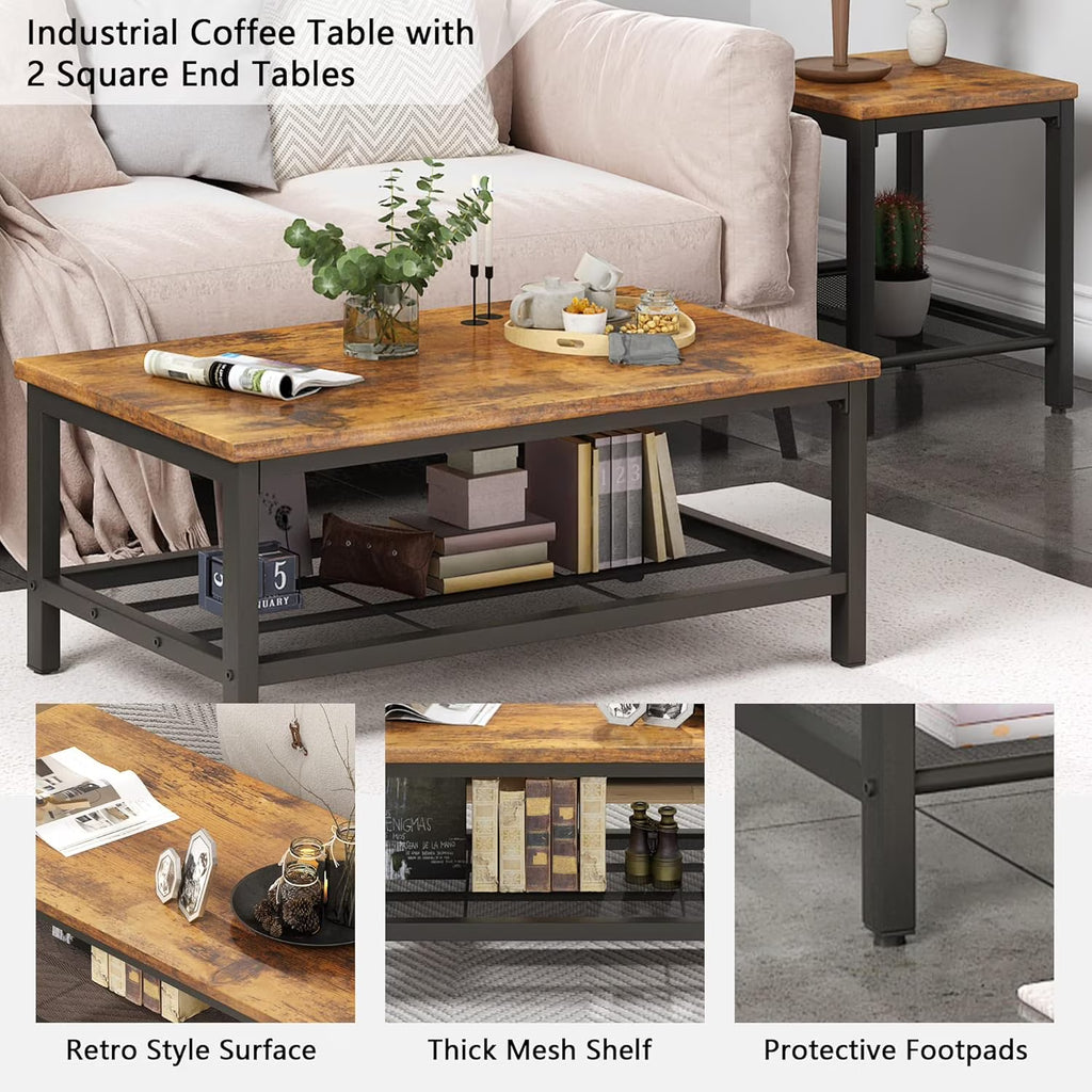 MOOSENG Coffee Table Set of 3, Industrial Vintage Wood Coffee Table with 2 Square End Side Tables, Easy Assembly Living Room Table Set for Offices, Living Rooms and Apartments