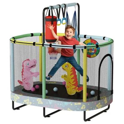 LinkRomat 7-in-1 60" Elliptic Trampoline for Kids, 500lbs Capacity Toddler Trampoline with Enclosure, Adjustable Height Handrail & Durable Designs for Boys & Girls, Indoor & Outdoor