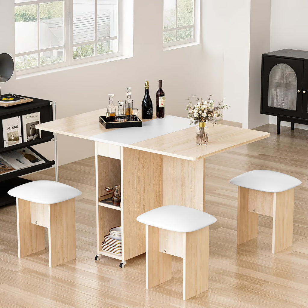 MOOSENG Folding Dining Table Set for 4, Dinner Table with 4 Leather Chairs and Shelves, Space Saving Foldable Dining Table with 6 Wheels, Kitchen Table Set for Small Spaces