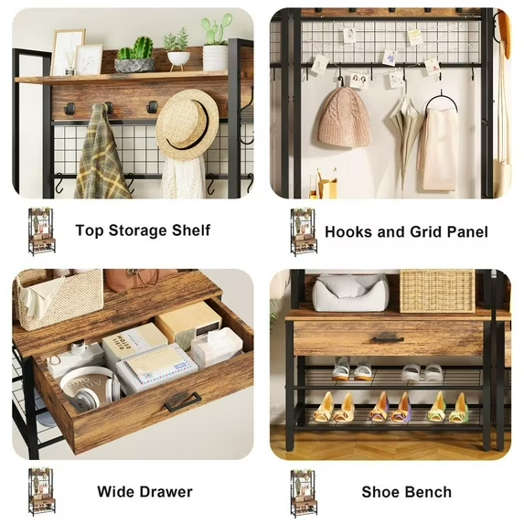 Cvortll Coat Rack, Industrial Entryway Hall Tree with Drawer, 5 in 1 Entryway Bench with Storage Shoe Rack and 12 Hooks, Freestanding Home Organizer with Shelf & Grid Panel, Anti-Dumping