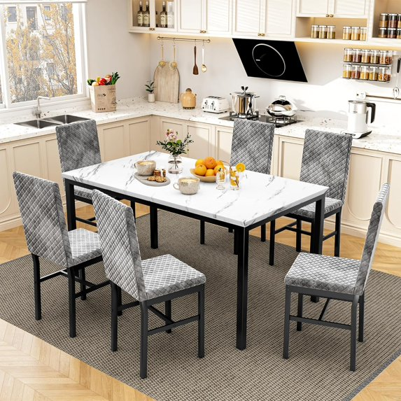 Cvortll Modern 7 Piece Dining Room Sets for 6, Faux Marble Dining Room Sets, Velvet Chairs, Dining Room, Apartment, Gray