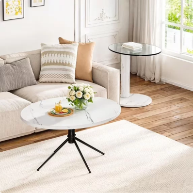 LinkRomat 2-Piece Round Coffee Table Set，Modern Marble & Glass Tops with Metal Legs for Living Room, Bedroom, Balcony